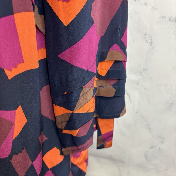 Anthropologie Silk Tunic Blouse Top M Office geometric 70s style Pleated Artsy - Picture 10 of 14